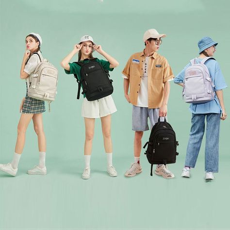 Take these bags for your travelling, school, working~ Backpack Pose, Venus Photoshoot, Backpack Reference, Backpack Photoshoot, Backpack Styling, Clothing Practice, Backpack Lifestyle, Back To University, Fashion Show Poster