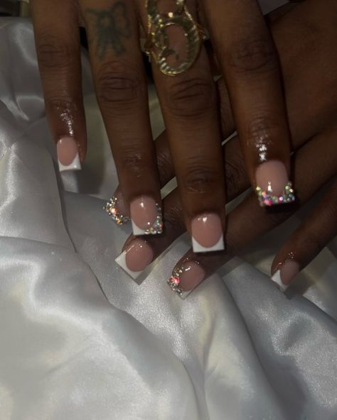 #nailsofinstagram #nailsoftoday #prettynails #518nailtech #nailsonfleek #nailsonpoint #nailtechlife #blacknailtech #nailstylist #nails💅 #nailsaddict #houstonnailtech #trending #houston #celebritynailtech #valentinobeautypure #freestylenails #nailtech #dallasnails #nailart #stilettonails #texas #houstonnails #explorepage #teamvbp #tiktoknails #acrylictoes #acrylicnails #nailsnailsnails #houstonhairstylist Arodesent Nails, Baps Inspired Nails, Badazled French Tip Nails, Short Acrylic With Rhinestones, Short French Tip Acrylic Nails Diamond, Short Acrylic Bling Nails, Bejeweled French Tips, Short Nail Bling Designs, Short Frenchies With Rhinestones