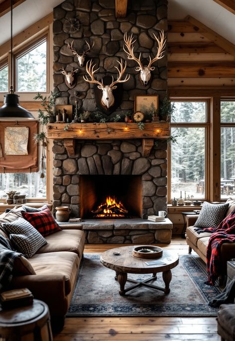 Rustic Living Room Mountain Cabin Interiors Rustic, Vintage Cabin Living Room, Cabin Decorating Ideas Living Room, Cabin Interiors Living Room, Mountain Lodge Interior, Mountain Home Living Room, Cabin Interiors Cozy, Small Cabin Living Room, Cabin Interiors Rustic