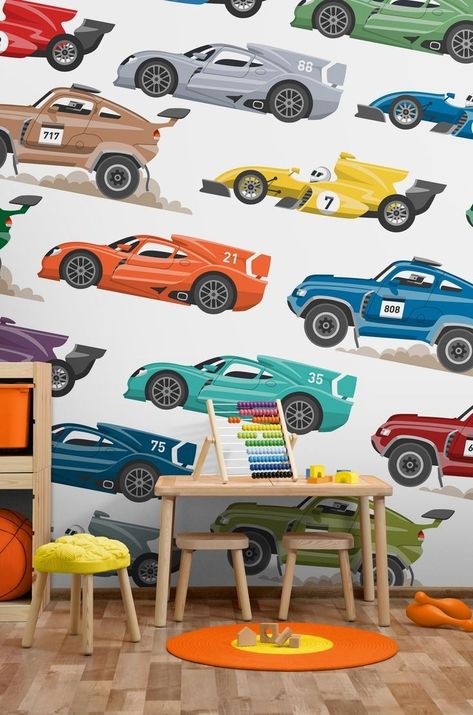 Racing Car Wallpaper, Wallpaper Boys Bedroom, Race Car Wallpaper, Vehicle Wallpaper, Boys Car Bedroom, Wallpaper Bedroom Wall, Race Car Bedroom, Paste Wallpaper, Girls Background