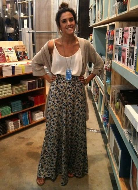 Printed maxi skirt. Flowy tank. Cardigan. Sandals. Causal Business Outfits For Women Summer, Long Skirts With Loafers, Chilly Summer Day Outfit, Long Black Floral Skirt Outfit, Black Maxi Skirt Outfit Ideas Summer, Bohemian Work Outfit, Spring 2023 Style, Bohemian Street Style, Boho Work Outfit