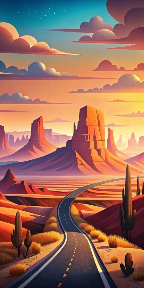 Desert Road Drawing, Sparks Drawing, Wqhd Wallpapers, Phone Wallpaper Drawing, Road Trip Drawing, Road Trip Wallpaper, Road Trip Illustration, Scenic Illustration, Route 66 Wallpaper