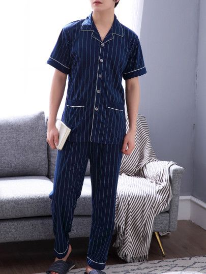 Men Striped Button Up Pajama Set -SheIn(Sheinside) Korean Pajamas Men, Pajama Set For Men, Pajamas Aesthetic Boy, Night Dress For Men, Pambahay Outfits, Boys Night Dress, Night Dress For Man, Male Pajamas, Mens Night Suit