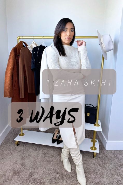 Im showing you how i styled this #fauxleatherskirt from #zara three differt ways for #fall! #fallfashion Cream Leather Skirt Outfit, Leather Midi Skirt Outfit, Faux Leather Skirt Outfit, Leather Skirt Outfit, Faux Leather Midi Skirt, Zara Skirt, Midi Skirt Outfit, Zara Boots, Leather Midi Skirt