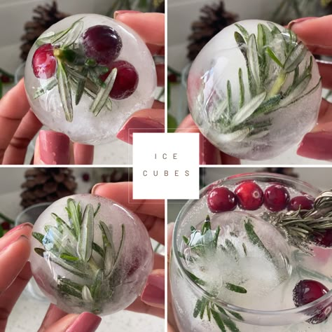 Party Ice Cubes, Ice Cubes With Cranberries And Rosemary, Christmas Ice Balls, Christmas Cocktail Ice Cubes, Christmas Ice Cube Ideas, Cranberry Rosemary Ice Cubes, Fancy Ice Cubes For Cocktails, Cranberry Ice Cubes Holiday Drinks, Fancy Christmas Party Ideas