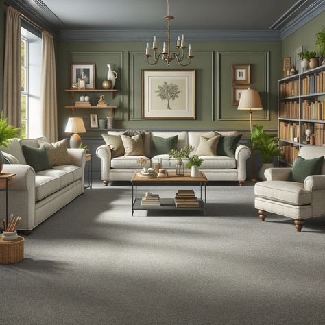 gray carpet and olive green walls