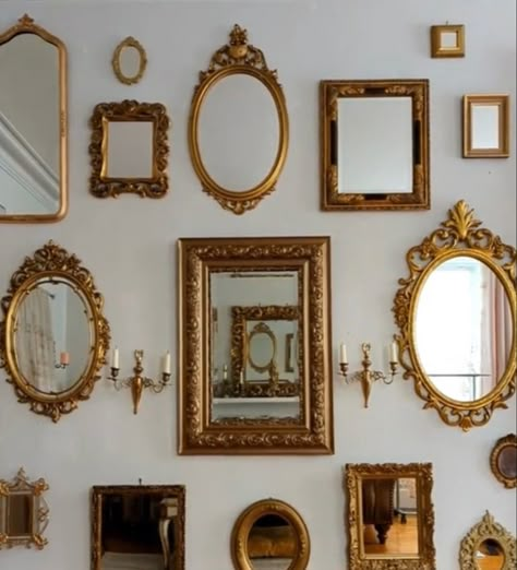 Gold Framed Mirror Living Room, Gold Antique Frames On Wall, Mirror Gallery Wall Bathroom, Mirror In Picture Frame, Wall Of Mirrors Aesthetic, Books On Stairs, Gold Frame Gallery Wall Vintage, Antique Frame Wall Ideas, Gold Vintage Frames On Wall