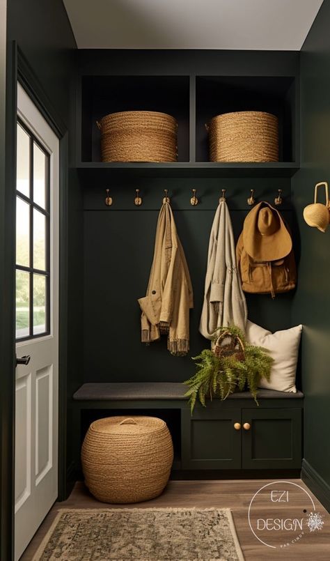 20 Dark Green Mudrooms for a Moody Vibe - Nikki's Plate Green Entryway, Mudroom Remodel, Mudroom Makeover, Mudroom Decor, Casa Country, Mud Room Storage, Mudroom Design, Hal Decor, Boot Room