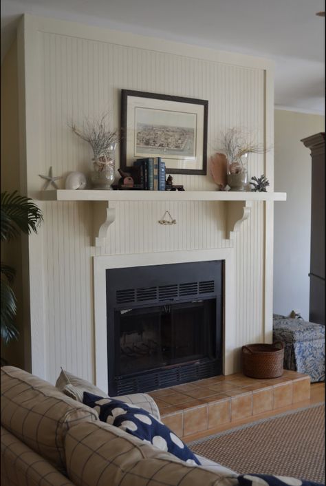 bead board fireplace surround Beadboard Tv Wall, Basement Ideas Fireplace, Beadboard Fireplace Wall, Fireplace Basement Ideas, Beadboard Fireplace, Wine Cellar Diy, Floating Shelves Fireplace, Fireplace Feature Wall Ideas, Mantlepiece Shelf