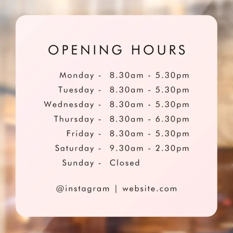 Opening Times  Business Hours Blush Pink Window Cling  Zazzle Bloxburg Motel, Town Decals, Bloxburg Cafe, Bloxburg School, Neighborhood Signs, Daycare Signs, Salon Decals, Mall Ideas, Business Opening