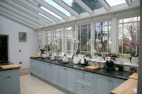 Kitchen conservatories Kitchen Conservatory Extension, Conservatory Kitchen Extension, Conservatory Kitchen Ideas, Orangery Kitchen, Kitchen Orangery, Greenhouse Kitchen, Sunroom Kitchen, Conservatory Extension, Kitchen Conservatory