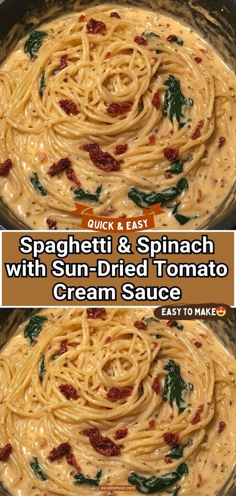 When you’re in the mood for a rich and creamy pasta dish with a hint of freshness, this Spaghetti & Spinach with Sun-Dried Tomato Cream Sauce is a perfect choice. Packed with bold flavors, tender spaghetti, and wilted spinach, this easy to make dish is both satisfying and sophisticated. Spaghetti And Spinach With Sundried Tomatoes Cream Sauce, Spaghetti With Zoodles, Spaghetti Carbonara No Eggs, Spaghetti And Tomatoes Pasta Dishes, Healthy Pasta With Spinach, Spaghetti With Spinach And Sun Dried Tomato, Pasta Dishes With White Sauce, Spinach And Sun Dried Tomato Recipes, Sun Dried Tomatoes Chicken Pasta