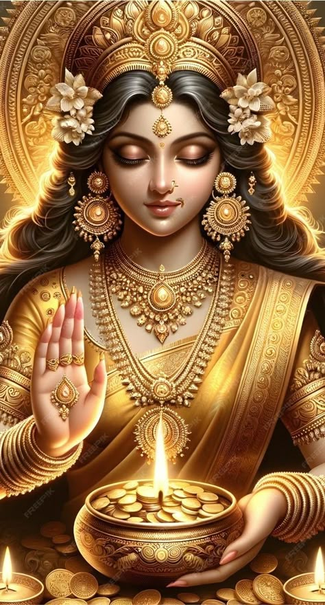 Mahalakshmi Goddesses Hd Wallpaper, Lakshmi Photos, Lakshmi Goddess, Maa Lakshmi, Akshaya Tritiya, Golden Coins, Durga Picture, Devi Images Hd, Attract Positive Energy