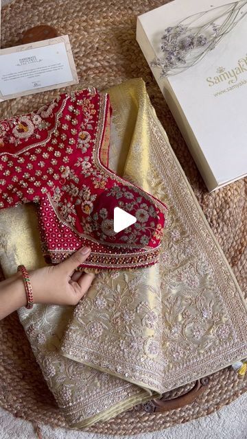 Samyakk Sarees on Instagram: "✨Wrapped in the glow of tradition, this gold zari tissue saree sparkles with zardosi and pearl details, exuding South Indian goddess energy. The rich contrast of the red blouse adds the finishing touch to this vision of bridal grandeur.   - Worldwide free shipping  Contact us: 0091- 9353938252 Email: Esales@samyakk.com Website: www.samyakk.com Product Code: GF4481  Store Location: ———————— Samyakk, 24, D’Souza Circle, Richmond Road, Opp. Lifestyle, Bangalore-560047  #sareeelegance #royalstyle #royallook #muhurthamlook #southindiansaree #southindianbride #bridesofsouthindia #bridesofbangalore #bridesofhyderabad #indianbride #bridalsaree #sareelove #zari #zarisaree #sareelove #sareefashion #freeshipping #worldwideshipping #sareeshopping #onlineshopping #sareeusa Red Tissue Saree, Gold Saree With Red Blouse, Gold Tissue Saree With Contrast Blouse, Gold Tissue Saree Blouses, Red Wedding Saree South Indian, Gold Saree Look, Gold Bridal Saree South Indian, South Indian Saree Blouse Designs, Gold Saree With Contrast Blouse