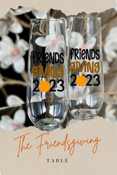 Friendsgiving 2023 champagne flutes. Perfect for your Thanksgiving party. Great for your Friendsgiving table setting or as a party favor. Friendsgiving Pj Party, Friendsgiving Goodie Bag Ideas, Friendsgiving Party Favors Diy, Friendsgiving Glasses, Friendsgiving Gift Ideas For Friends, Friendsgiving Gift Ideas, Friendsgiving Games For Adults, Friendsgiving Party Favors, Friendsgiving Theme Ideas