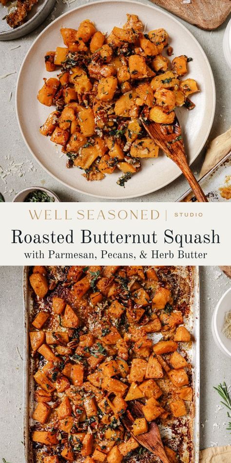 Parmesan-Roasted Butternut Squash with Pecans Butternut Squash Medley, Parmesan Roasted Butternut Squash, Garlic Parmesan Butternut Squash, Whipped Butternut Squash Recipes, Vegetarian Recipes Butternut Squash, Fried Butternut Squash Recipes, Butternut Squash Roasted Recipes, Butternut Squash Sides, Frozen Butternut Squash Recipes