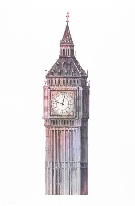 The Big Ben painted by watercolor | free image by rawpixel.com Big Ben Illustration, Big Ben Drawing, British Cookies, Big Ben Art, Color Architecture, Gcse Art Ideas, London Drawing, London Illustration, London Big Ben