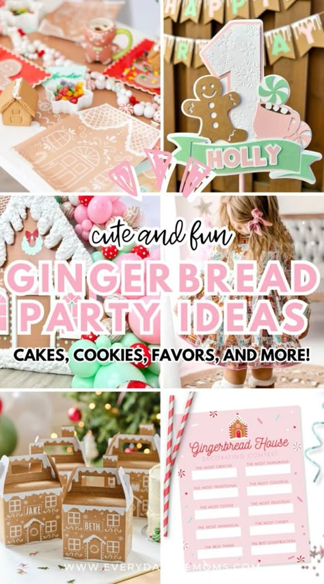 11 Gingerbread Party Ideas for The Holiday Season - Everyday She Moms Gingerbread Theme Party Food, Gingerbread School Party, Girly Christmas Birthday Party, Gingerbread Birthday Party Decorations, Girl Christmas Birthday Party Ideas, Gingerbread Themed Birthday Party, Gingerbread Decorating Party For Kids, Gingerbread Girl Birthday Party, Christmas Eve Birthday Ideas