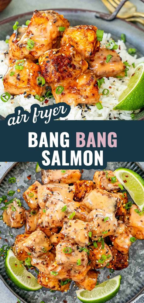 Looking for a flavorful and easy salmon recipe? Try this Bang Bang Salmon! Crispy salmon bites in a tangy, spicy sauce that's perfect for any meal. #BangBangSalmon #SalmonRecipe #EasyDinner #AirFryerRecipes #AsianInspired #QuickMeals #SeafoodLovers Fish Skillet Recipes, Easy Delicious Salmon Recipes, Yum Yum Salmon, Salmon Air Fryer Bowl, Air Fry Salmon Bites Recipes, Air Fryer Crispy Salmon Bites, Salmon Recipes Crispy, Easy Salmon Meals, Whole 30 Seafood Recipes