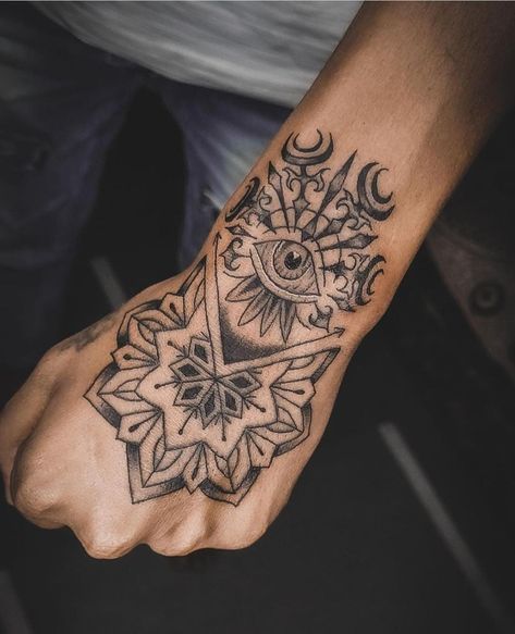 Palm Tattoo Men Hands, Tattoo Designs Men Small Hand, Boys Tattoo Hand, Hand Tattoos For Guys Men, Boys Hand Tattoo, Geometric Tattoo Hand, Hand Mandala, Hand Tatto, Alchemy Tattoo