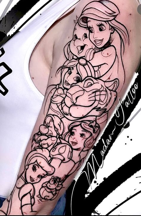 Disney Princesses Tattoo Ideas, Disney Princess Tattoos For Women, Disney Princess Leg Sleeve Tattoo, Disney Quarter Sleeve Tattoo, Disney Full Sleeve Tattoo, Disney Sleeve Tattoo Black And White, 90s Cartoon Sleeve Tattoo, Villian Tattoo Ideas For Women, Funny Disney Tattoos