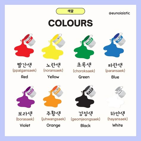 Learn Korean has never been enjoyable!! Colors In Korean Language, Korean Tutorial Language, Colours In Korean, Korean Learning Worksheets, Korean Colours, Colors In Korean, Korean Vowels, How To Learn Korean, Korean Core