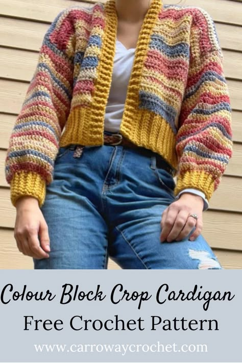 Model wearing a crop crochet cardigan in warm colour tones Crochet Chunky Cropped Cardigan, Crochet Scrap Cardigan Pattern, 3 Color Crochet Cardigan, Crochet Colour Block Sweater, Knit Crop Cardigan Pattern Free, Crochet Cardigan Stripes, Crochet Cardagin, Crochet Granny Cardigan Pattern Free, Crop Cardigan Crochet Pattern