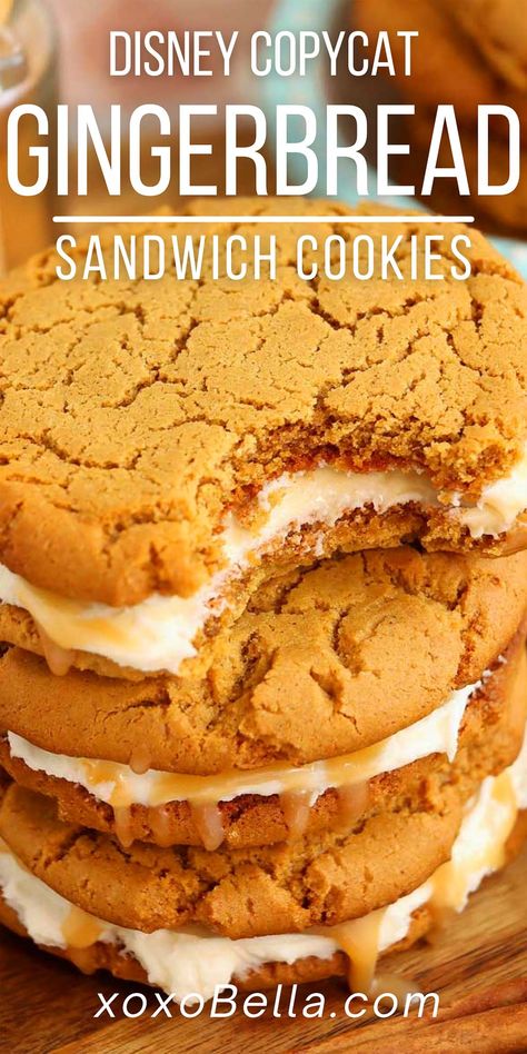 Epcot Gingerbread Cookie Recipe, Disney Copycat Cookie Recipes, Gingerbread Crinkle Cookie Sandwiches, Little Debbie Gingerbread Cookies, Disney Gingerbread Cookies, Disney World Recipes Copycat, Gingerbread Cookie Sandwich, Disney Cookies Recipe, Christmas Cookie Sandwiches