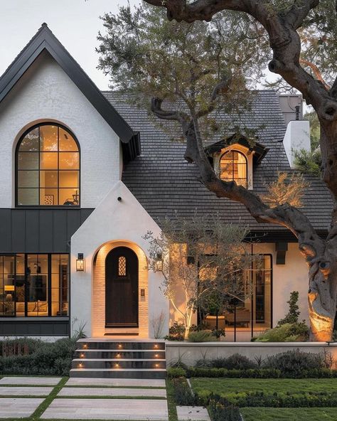 (1) Inbox • Direct Modern French Tudor Style Homes, Modern Tutor Floorplan, Los Angeles Cottage, Modern Castle House Exterior, Classic Home Exterior Design, Tutor Exterior, Modern Family Home Exterior, Modern French Tudor, Small Tudor House