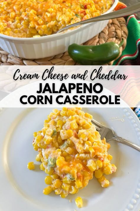 Jalapeño Corn Casserole, Creamy Jalapeno Corn, Spicy Corn Casserole, Jalapeño Corn, Easy Vegetable Side Dish, Bbq Potluck, Cheese Corn Casserole, Corn Recipes Side Dishes, Cream Cheese Corn