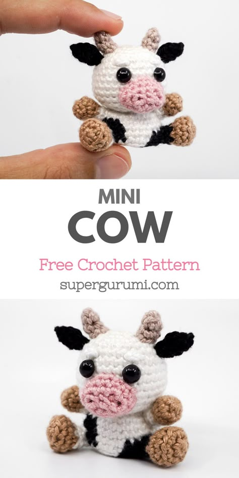 Crochet Cow Mobile Pattern, Mini Crocheted Stuffed Animals, Beginner Crochet Cow Pattern Free, Tiny Cow Crochet Pattern Free, Amigurumi Plush Cow Free Pattern, Crochet Mini Farm Animals Free Pattern, Crochet Projects Cow, Crochet Mini Gift Ideas, Cow Keychain Crochet Pattern Free