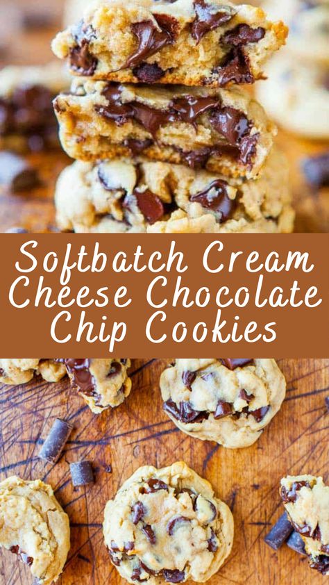 Softbatch Cream Cheese Chocolate Chip Cookies Recipe | Cheff Recipes Softbatch Cream Cheese Chocolate Chip, Soft Batch Cookies, Family Cooking Recipes, Cream Cheese Chocolate Chip, Cream Cheese Chocolate Chip Cookies, Chocolate Chip Dip, Bake Ideas, Baking List, Cookies Chocolate Chip