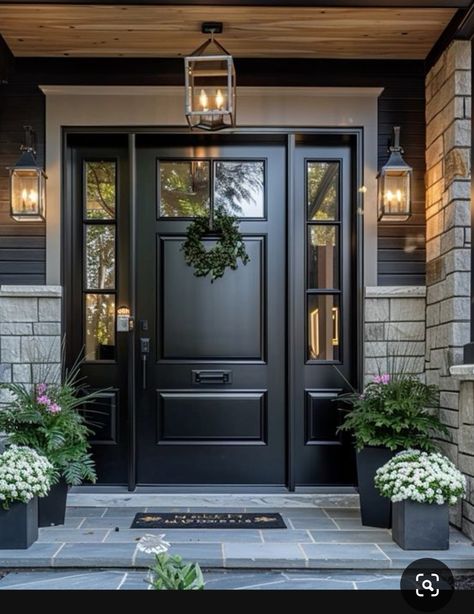 Black Frame Door Exterior, Black Front Door Ideas Modern, Wide Black Front Door, Black Doors In House, Grey House Black Door, Front Door Ideas Black, Black Fromt Door, Brown Front Door, Barndo Exterior