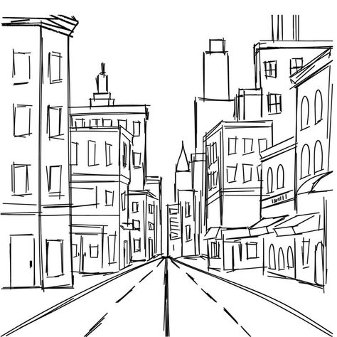 Simple City Sketch, Small City Drawing, City Outline Drawing, City Scape Drawing Easy, Street Drawing Simple, City Background Drawing, City Street Drawing, City Landscape Drawing, Square Composition