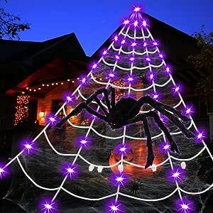 Amazon.com : Flyowl Spider Web Halloween Decorations Outdoor Lights, 125 Purple LED Light Up 16.4Ft Giant Spiderweb & 60" Large Spider & 10 Small Spiders & 20g Stretch Cobweb,8 Modes Lighted Decor for Yard Outside : Patio, Lawn & Garden Purple Led Light, Magic Technology, Spider Web Halloween Decorations, Halloween Lighting Outdoor, Outside Halloween Decorations, Orange Led Lights, Purple Led Lights, Porch Halloween, Halloween Camping