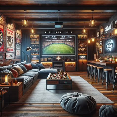 Discover the ultimate man cave, blending rustic charm and modern cool. Experience the plush sectional, pool table, a fully stocked bar, popcorn machine, and a projector for gaming and movies. Decor features include neon signs, sports memorabilia, and a fireplace. #Mancave #HomeDesign #InteriorDesign #GamingRoom #HomeBar #EntertainmentRoom Mancave Layout Ideas, Man Cave Pool House, Sports Entertainment Room, Man Cave Classy Interior Design, Unique Game Room Ideas, Media/game Room, Man Cave Basement Sports, Sports Bar Man Cave, Modern Man Cave Design