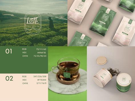 Tea Logos Ideas, Tea Logo Branding, Herbal Tea Branding, Tea Shop Branding, Tea Branding Design, Tea Color Palette, Tea Brand Logo, Journal Packaging, Tea Moodboard