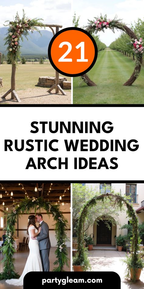 Explore 21 stunning rustic wedding arch ideas featuring asymmetrical floral arrangements, circular twig arches, copper pipe designs, and wrought iron decorations. This pin showcases 4 images that provide inspiration for a beautiful rustic-themed wedding. Natural Wedding Alter, Diy Arches For Weddings, Wooden Wedding Arch Ideas, Alter Wedding Decor, Arches For Weddings Ceremony, Rustic Arches For Weddings, Diy Arch Flower Arrangement, Wedding Tunnel Entrance, Wedding Arch Flowers Simple