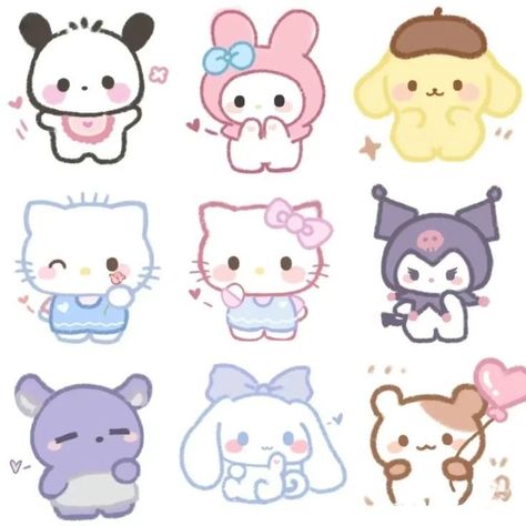 Kawai Sticker Drawing, Weird Furbies, Stiker Sanrio, Kuromi Drawing, Sanrio Drawings, All Sanrio Characters, Hello Kitty Stickers, 귀여운 음식 그림, Walpaper Hello Kitty