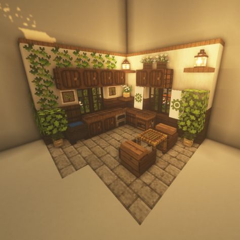 Interior For Minecraft House, Interior House Design Minecraft, Minecraft Fletcher House Interior, Cool Minecraft Interior, Minecraft Interior Ideas Storage, Minecraft House Interior Design, Minecraft Canopy Bed Ideas, Minecraft Kitchen Aesthetic, Minecraft Loom Building