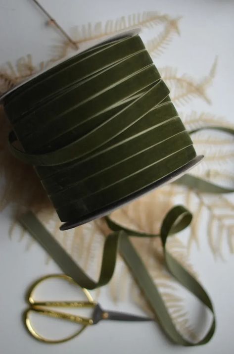 This Loden Green Swiss Velvet Ribbon is perfect for holiday gift giving and dressing up your Christmas wrapping! Green Inspo, Loden Green, Vintage Sled, Cozy Christmas Decor, Dark Sage, Gift Wrapping Ideas, Baby Themes, Green Ribbon, Wrapping Ideas