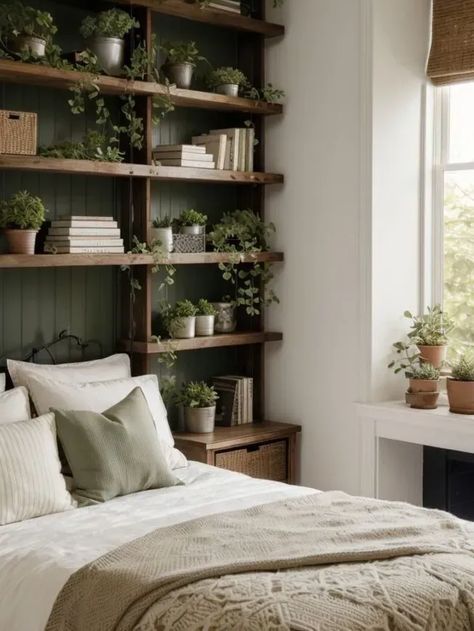 Biophilic Interior Design Hanging Shelves Over Bed, Floating Shelves Green Wall, Naturalistic Bedroom Ideas, Bookcase Floating Shelves, Green Wood Bedroom Aesthetic, Tall Bookshelves In Bedroom, Cozy Book Aesthetic Bedroom, Botanical House Decor, Cozy Book Nook Ideas