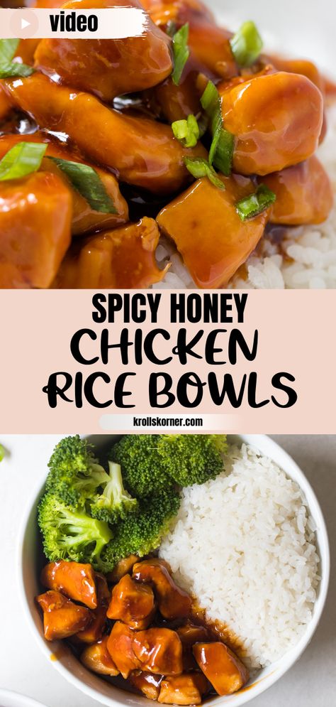 Easy Spicy Honey Chicken made with soy sauce, honey and Sriracha! Paired with broccoli and rice this is a delicious and healthy easy weeknight dinner! #rice #ricebowls #easydinner #spicyhoneychicken #srirachachicken #weeknightdinner Honey Chicken Rice, Rice Bowl Sauce, Gf Chicken Recipes, Krolls Korner, Spicy Honey Chicken, Dinner For The Week, Dinner Rice, Veggies And Rice, Chicken Cashew Stir Fry