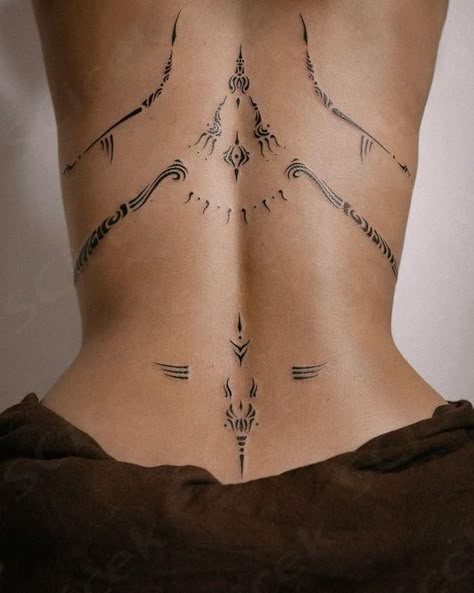 Back Pieces For Women Tattoo Beautiful, Chest Tattoo Female Ornamental, Down Back Tattoo Women, Ornamental Lower Back Tattoo Women, New Beginnings Tattoo Ideas, Fine Line Body Tattoo, Ceremonial Tattoos, Ornamental Lower Back Tattoo, Tattoo Idea For Back