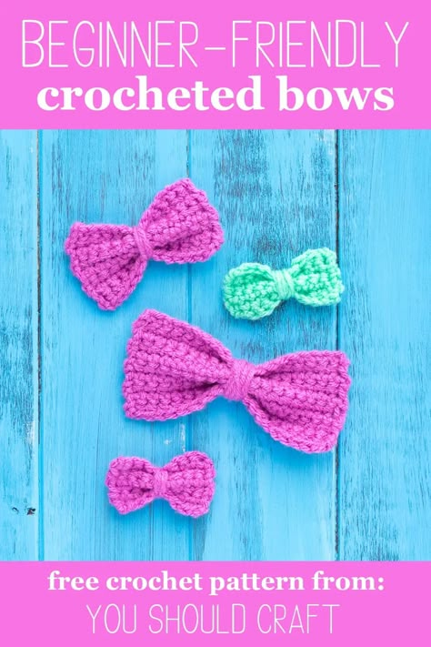 Learn how to crochet beginner bows in three sizes. This simple free crochet pattern uses single crocheted rectangles to create cute bows for bedazzling all your projects. Perfect for crochet newbies! Small Bow Crochet Pattern Free, Mini Crochet Bow Pattern Free, Crochet A Bow Free Pattern, Crochet Small Bows Free Pattern, Crochet Bow Tie Free Pattern, Crochet Small Bow, Crocheted Bows Free Pattern, Small Crochet Bows Free Pattern, Crochet Mini Bow