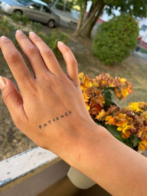 Patience Tattoo On Hand, Create Tattoo Word On Hand, Patchwork Tattoo Ideas Christian, Patience Hand Tattoo, Patience Symbol Tattoo, Rejoice Tattoo, Patience Tattoo Fonts, Script Hand Tattoo, Christian Patchwork Tattoo