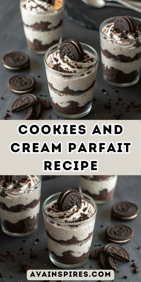 Cookies and Cream Parfait Oreo Parfait Recipe, Mini Dessert Shooter Recipes, Chocolate Shooters Desserts, Oreo Cheesecake Dessert Cups, Yogurt Parfait Cups To Go, Mini Cheesecake Parfait Desserts, Oreo Dessert Shooters, Dessert Table Recipes Easy, No Bake Dessert Cup Recipes