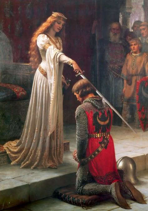 The Accolade by Edmund Blair Leighton, a Pre-Raphaelite artist, 1901 Edmund Blair Leighton, The Accolade, Eleanor Of Aquitaine, Mists Of Avalon, Pre Raphaelite Paintings, Roi Arthur, Pre Raphaelite Art, Arthurian Legend, Lady Godiva