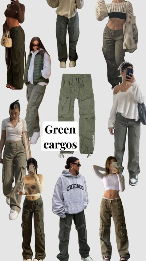 Outfits Con Pantalon Cargo, Green Parachute Pants Outfit, Military Style Green Parachute Pants With Hip Pockets, Green Wide-leg Parachute Pants With Cargo Pockets, Green Military Cargo Style Parachute Pants, Green Military Parachute Pants With Hip Pockets, Military Green Cotton Parachute Pants, Parachute Pants Outfit, Pick Outfits