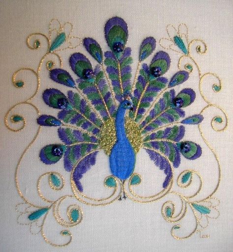 Maree Talbot - Embroidery Designers - Gumnut Yarns Elizabethan Embroidery, Embroidery Peacock, Embroidered Peacock, Peacock Embroidery Designs, Hmong Embroidery, Peacock Embroidery, Kutch Work, Hand Work Embroidery, Peacock Design